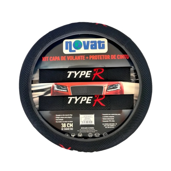 Capa de Volante Type-R com Protetor de Cinto Preta 38cm Novat Capas N82PRTK
