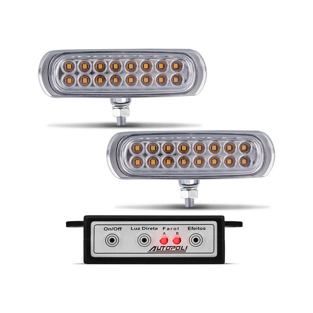 Farol Auxiliar Estrobo Corpo Cromado Retangular Amarelo Autopoli AP958