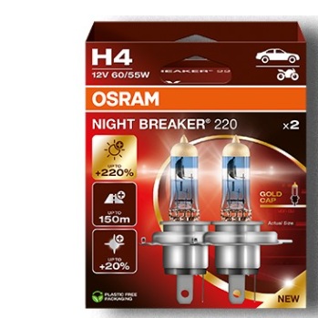Lâmpada Super Branca Unitário H4 60/55W 12V Night Breaker 220 + Luz Osram 64193NB2202HB
