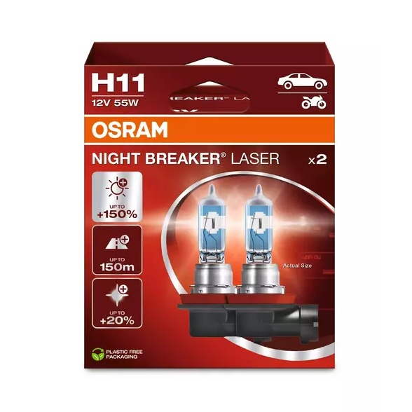Par de Lâmpada Super Branca H11 Night Breaker Laser 55W 12V 3500K Osram 64211NLHCB2