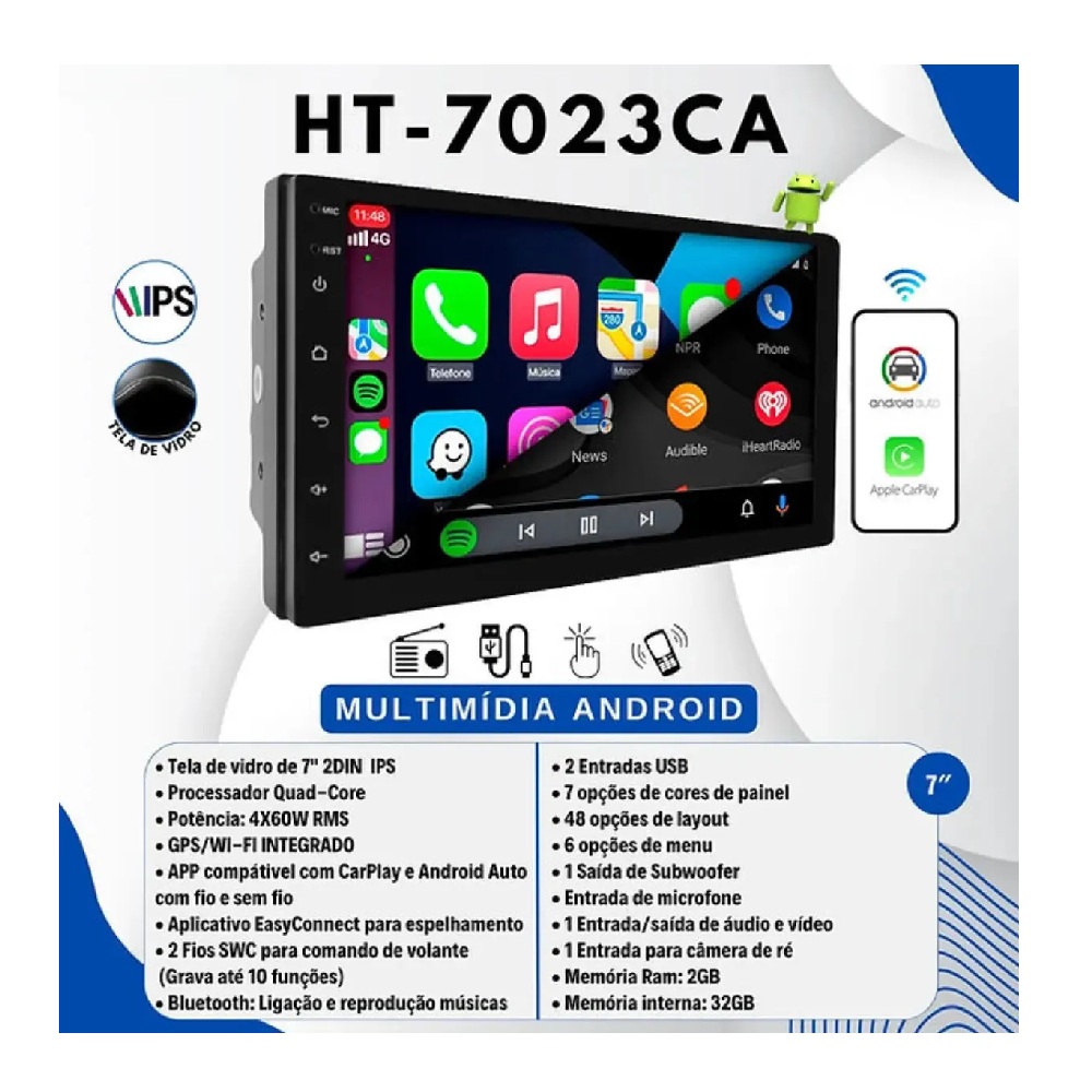Reprodutor de Vídeo Universal Mp5 7 2 Din Usb/Bluetooth/Auxiliar/Fm/Mirror H Tech HT7023CA, foto 3